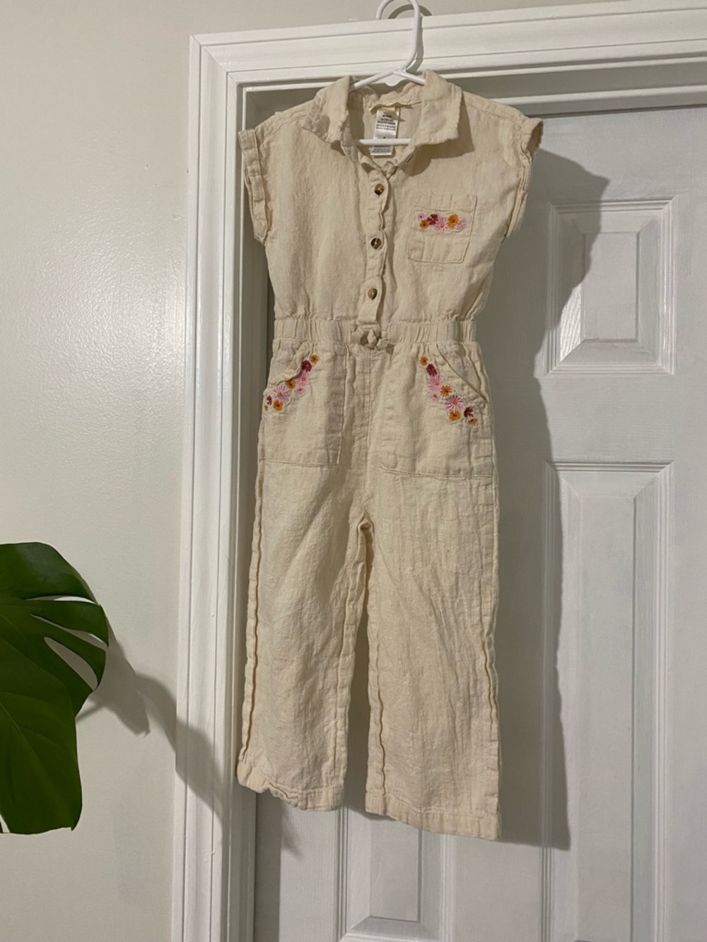 Derek Heart Cream Button-Front Embroidered Jumpsuit